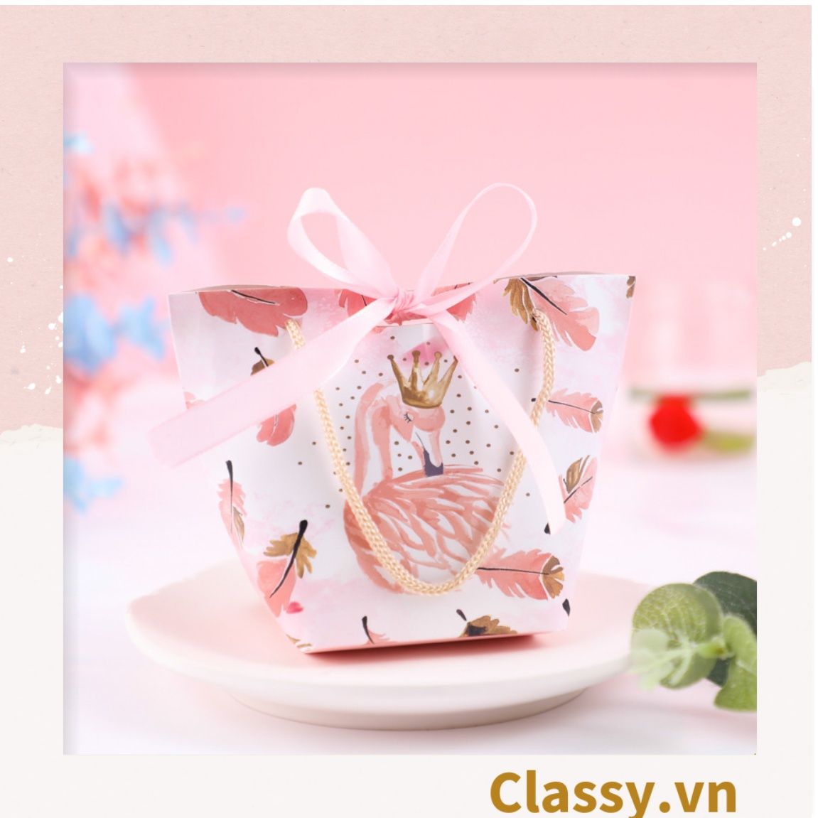 Túi giấy đựng quà thắt nơ in hình dễ thương 14 X 7 X 10 CM đựng son, trang sức, quà tặng đám cưới, lễ tết Q301