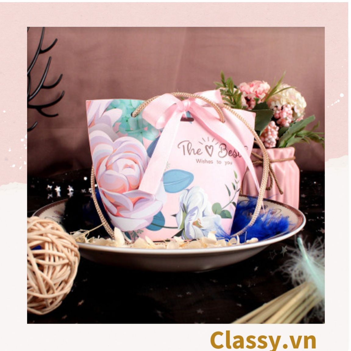 Túi giấy đựng quà thắt nơ in hình dễ thương 14 X 7 X 10 CM đựng son, trang sức, quà tặng đám cưới, lễ tết Q301