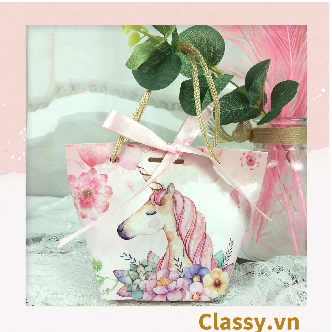 Túi giấy đựng quà thắt nơ in hình dễ thương 14 X 7 X 10 CM đựng son, trang sức, quà tặng đám cưới, lễ tết Q301