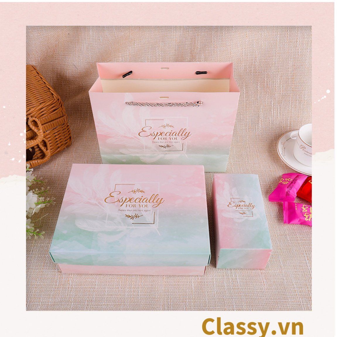 XÉ LẺ túi giấy +Hộp quà lớn quà tặng hoạ tiết đá cẩm thạch, In chữ Especially For You phong cách châu ÂU
