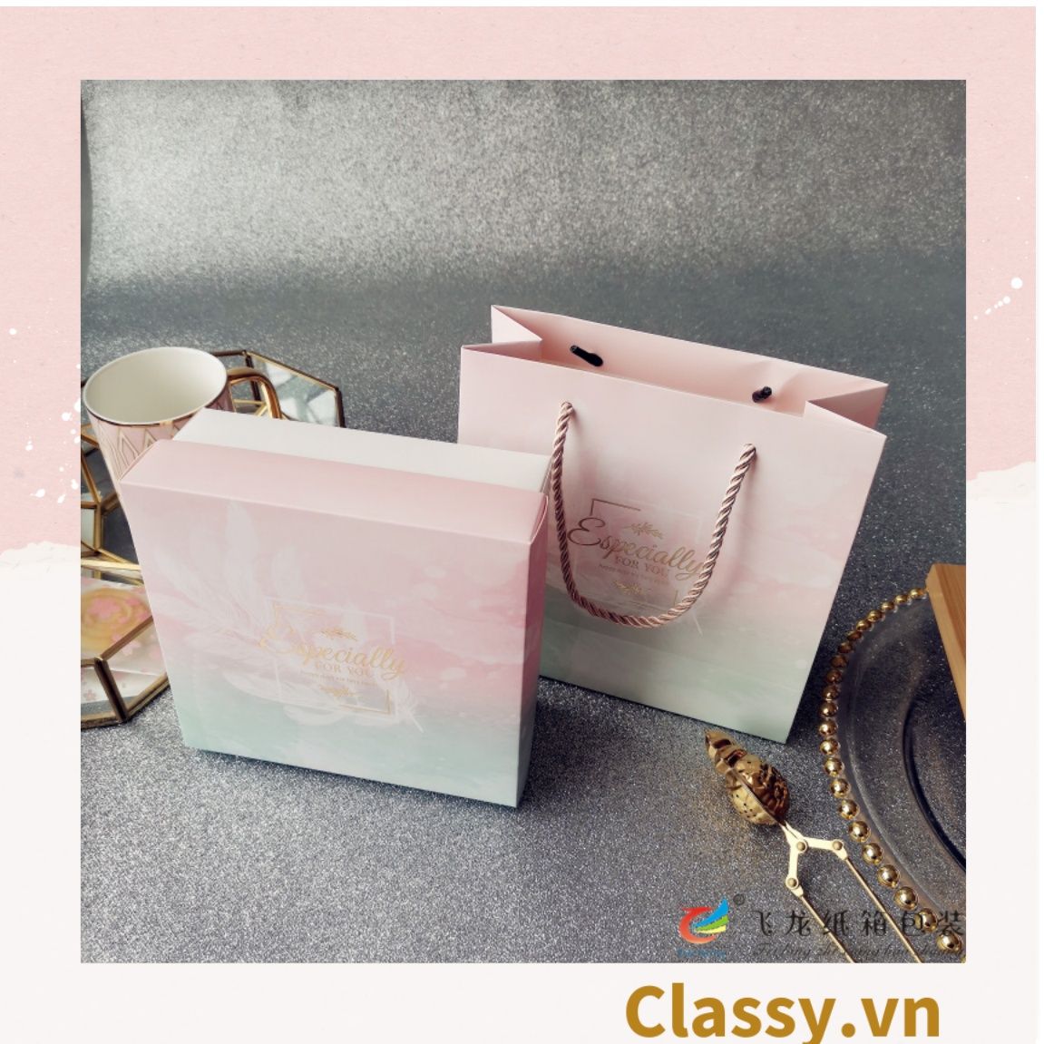 XÉ LẺ túi giấy +Hộp quà lớn quà tặng hoạ tiết đá cẩm thạch, In chữ Especially For You phong cách châu ÂU