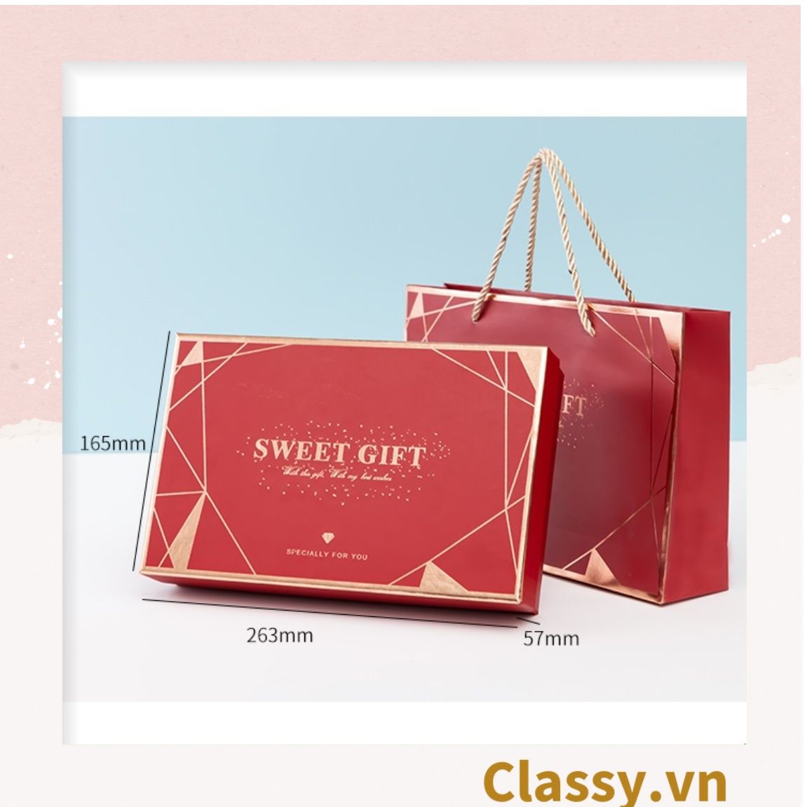 XÉ LẺ Bộ túi giấy +Hộp quà 26 * 16 * 5,5cm đựng quà, In chữ Sweet Gift phong cách châu Âu