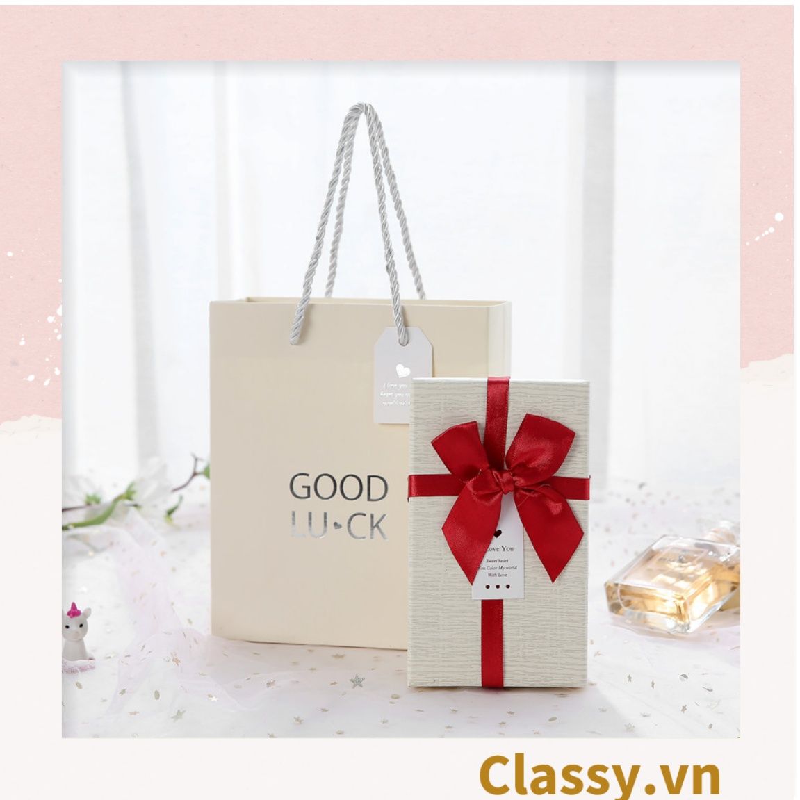 Hộp đựng quà tặng gắn nơ và tag chúc mừng, đựng son môi, nước hoa, sô cô la, trang sức
