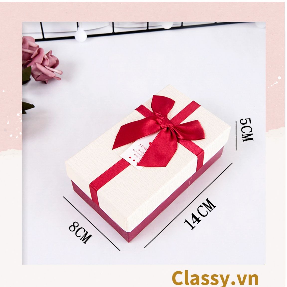 Hộp đựng quà tặng gắn nơ và tag chúc mừng, đựng son môi, nước hoa, sô cô la, trang sức