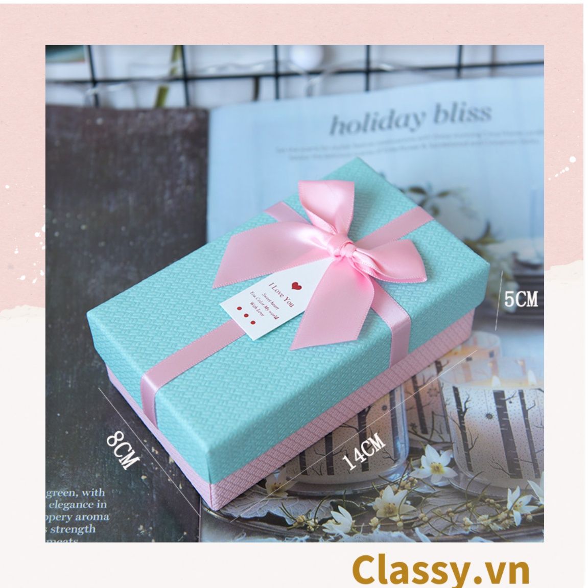 Hộp đựng quà tặng gắn nơ và tag chúc mừng, đựng son môi, nước hoa, sô cô la, trang sức
