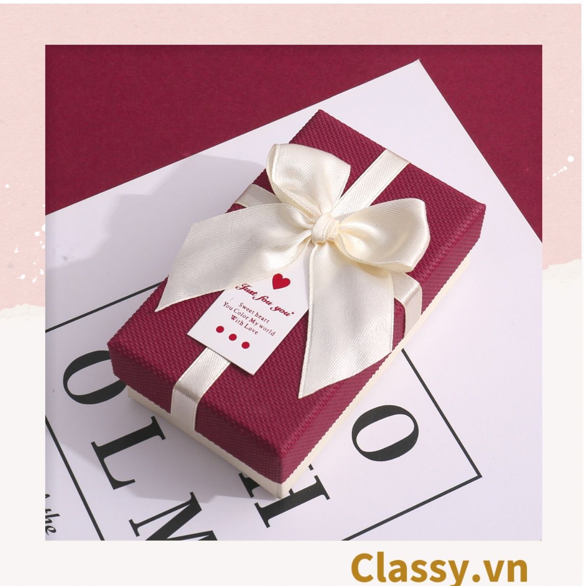Hộp đựng quà tặng gắn nơ và tag chúc mừng, đựng son môi, nước hoa, sô cô la, trang sức
