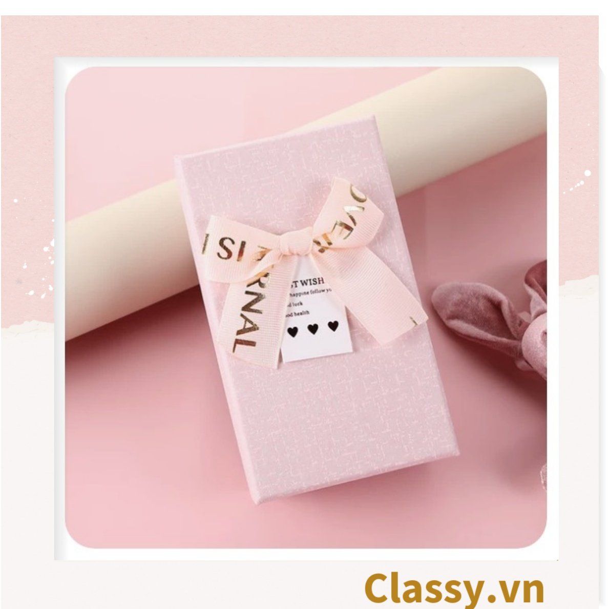 Hộp đựng quà tặng gắn nơ và tag chúc mừng, đựng son môi, nước hoa, sô cô la, trang sức