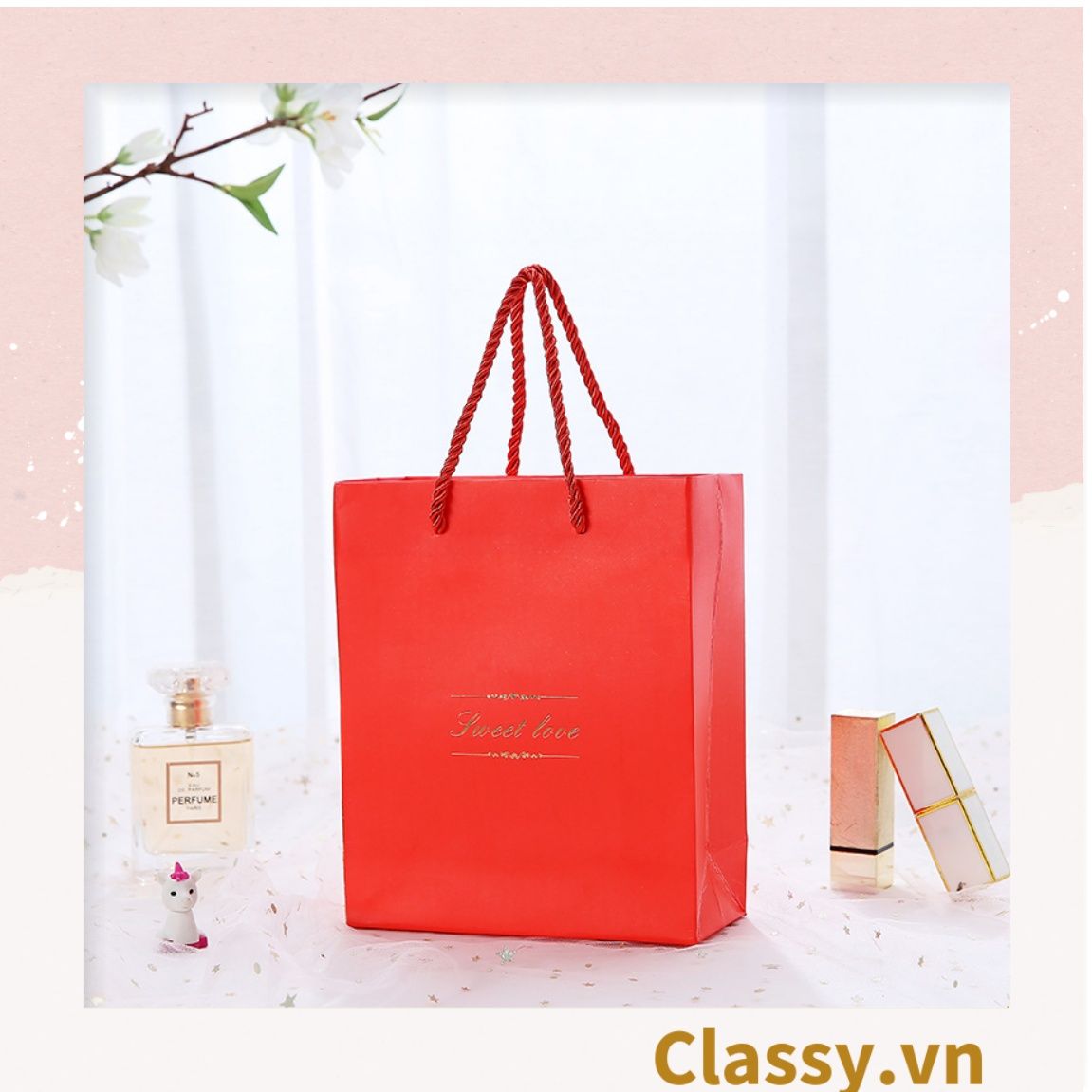 Hộp đựng quà tặng gắn nơ và tag chúc mừng, đựng son môi, nước hoa, sô cô la, trang sức