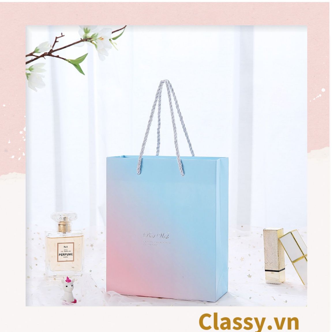 Hộp đựng quà tặng gắn nơ và tag chúc mừng, đựng son môi, nước hoa, sô cô la, trang sức