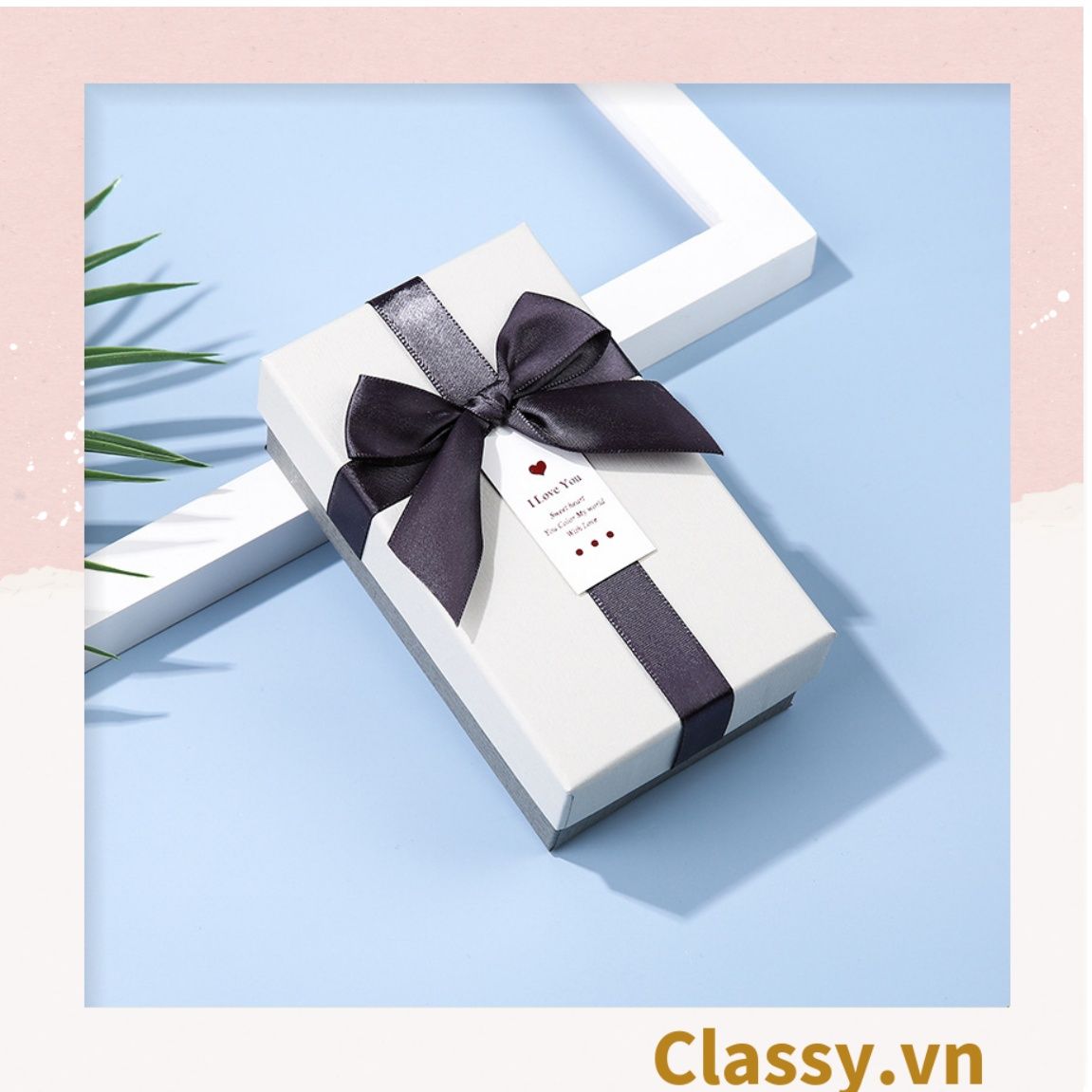 Hộp đựng quà tặng gắn nơ và tag chúc mừng, đựng son môi, nước hoa, sô cô la, trang sức