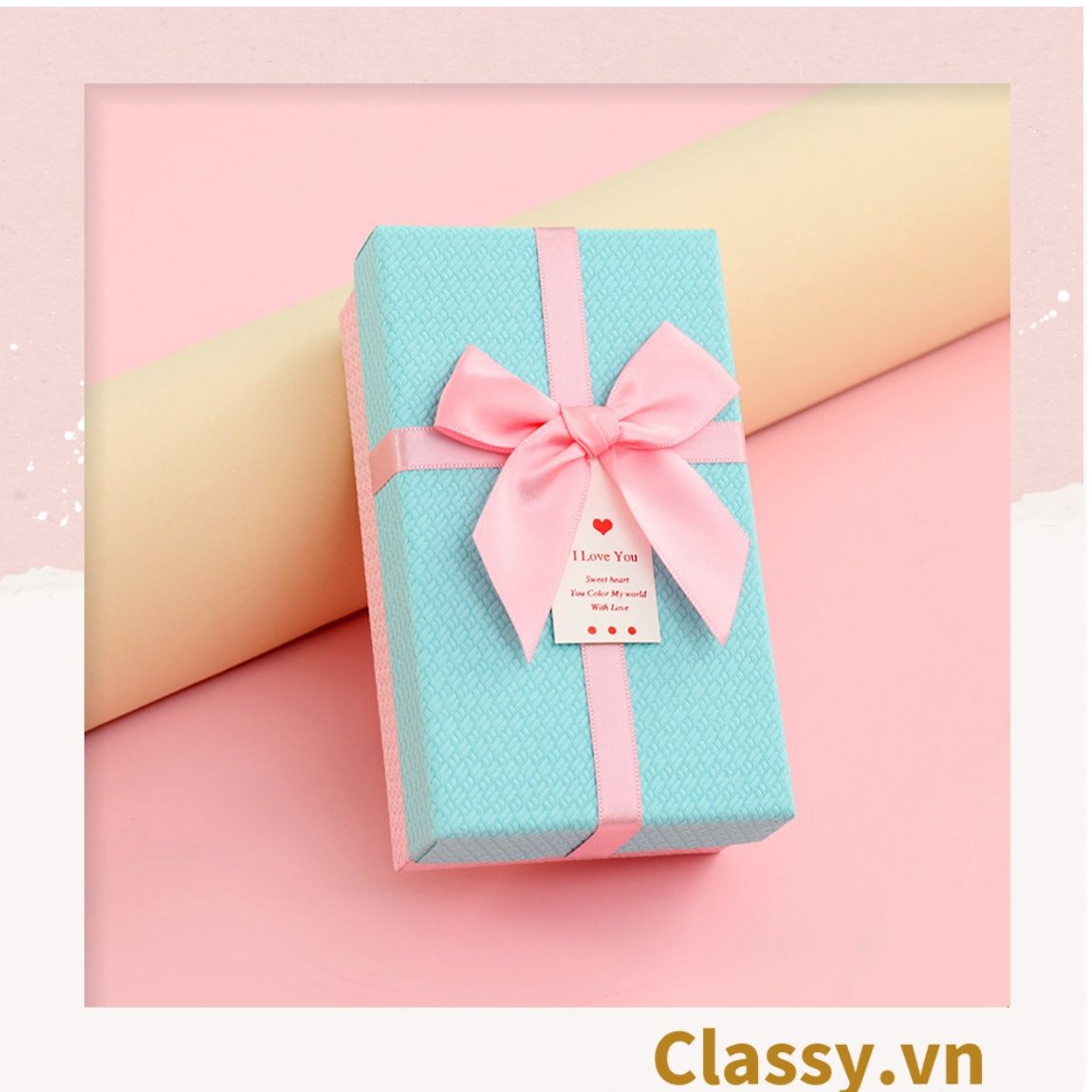 Hộp đựng quà tặng gắn nơ và tag chúc mừng, đựng son môi, nước hoa, sô cô la, trang sức