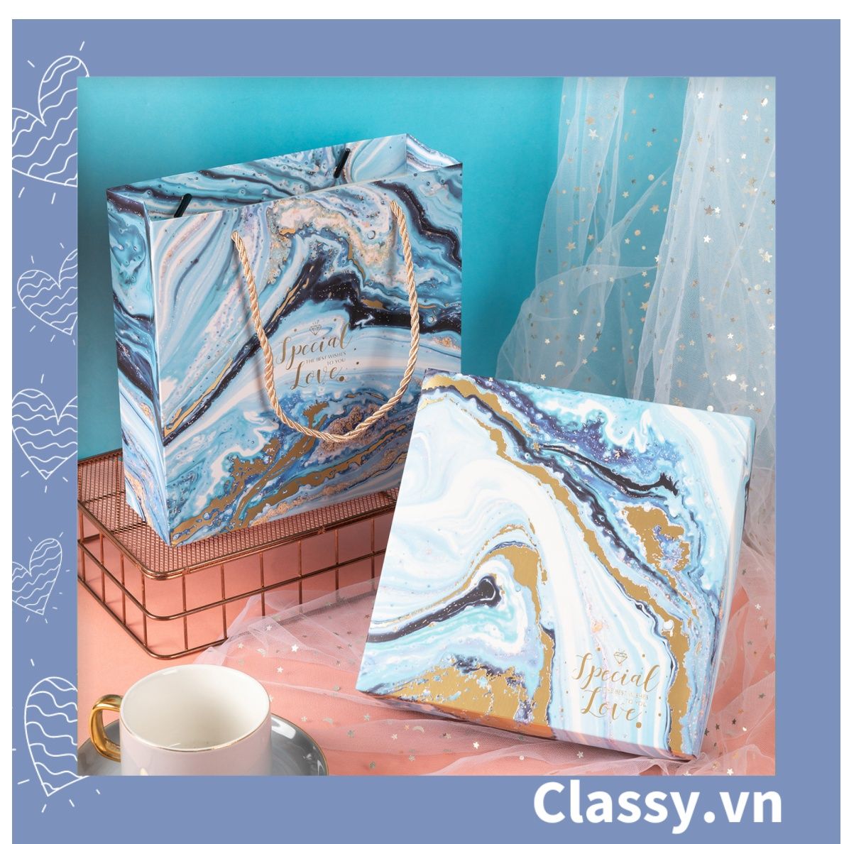 XÉ LẺ túi giấy +Hộp quà lớn quà tặng hình vuông, tự gấp, hoạ tiết vũ trụ galaxy huyền bí sang trọng Q945