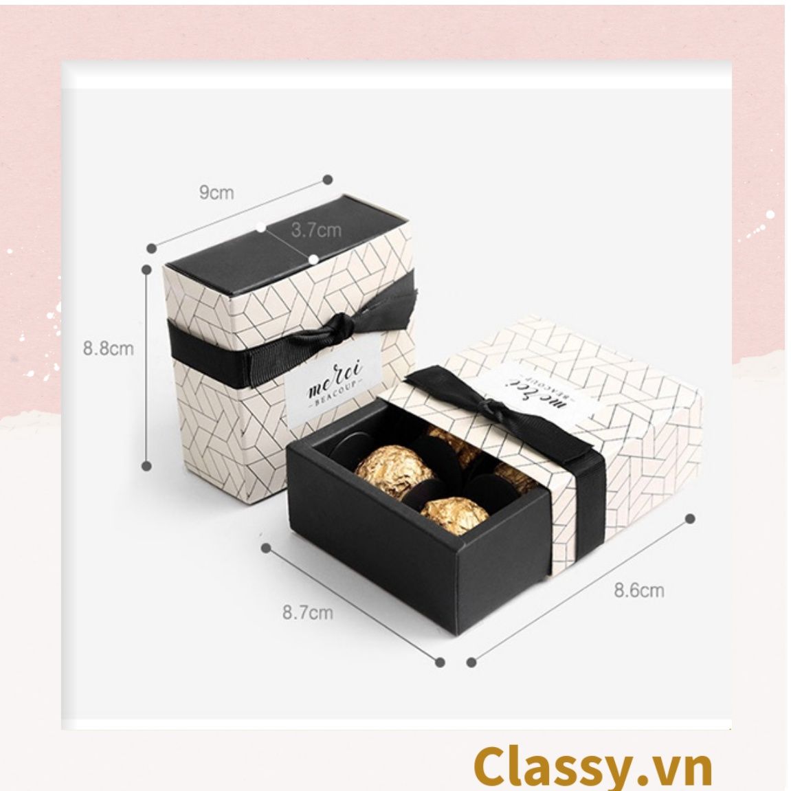 Hộp đựng quà hình vuông tự gấp dạng ngăn kéo; in chữ Merci làm quà tặng Q562