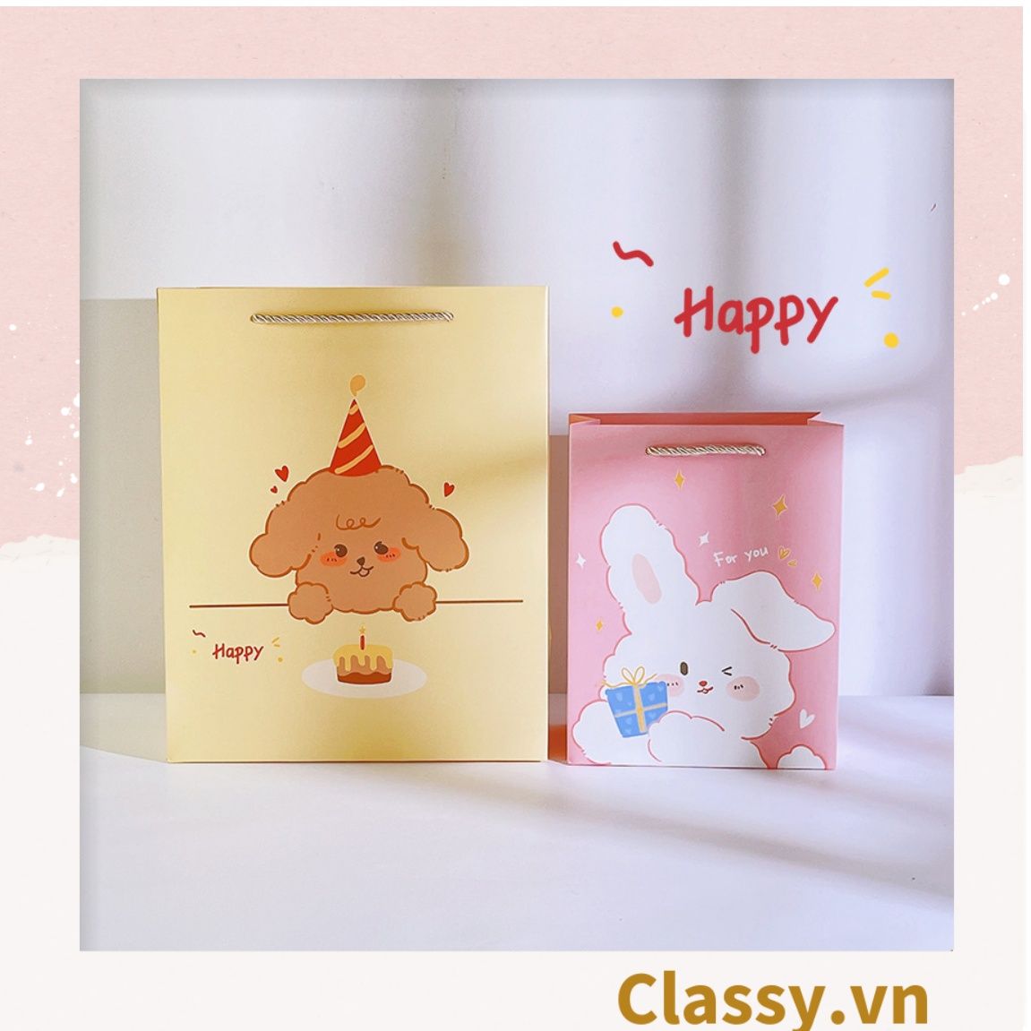 Túi giấy đựng quà dọc dây quai dù size lớn tông hồng họa tiết mèo và thỏ cực xinh Q572