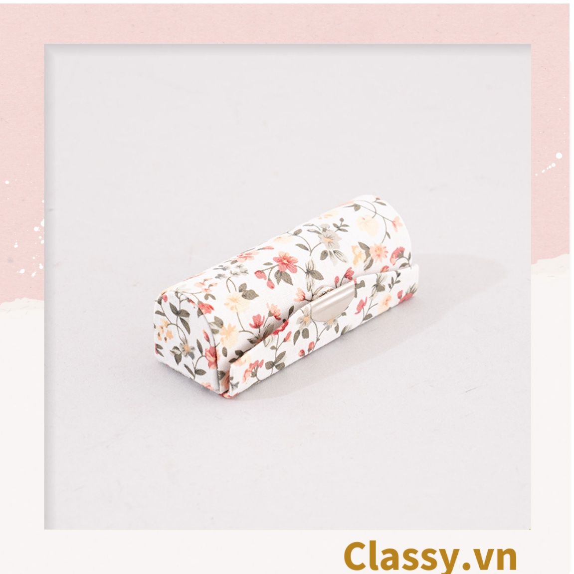 Hộp đựng son có gương , nắp gập bọc vải họa tiết hoa nhí vintage, kích thước 8,3X2,3X2,4cm Q579