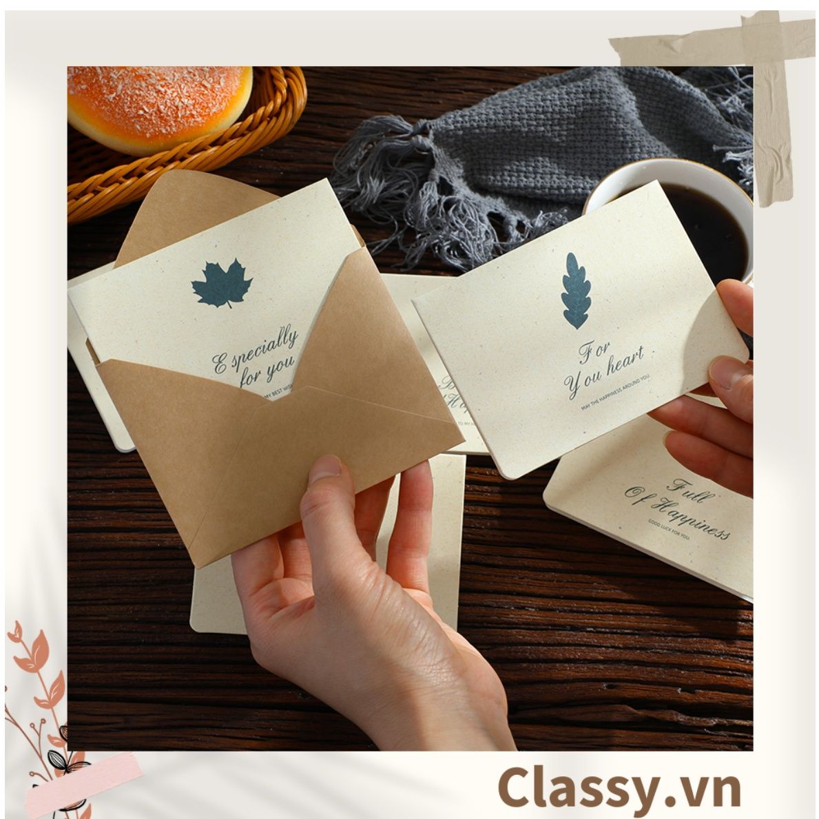 Thiệp Cổ điển Vintage in hình lá cây hoặc hoa vintage, giấy art sang trọng kèm phong bì giấy kraft và nhãn dán sticker Q625