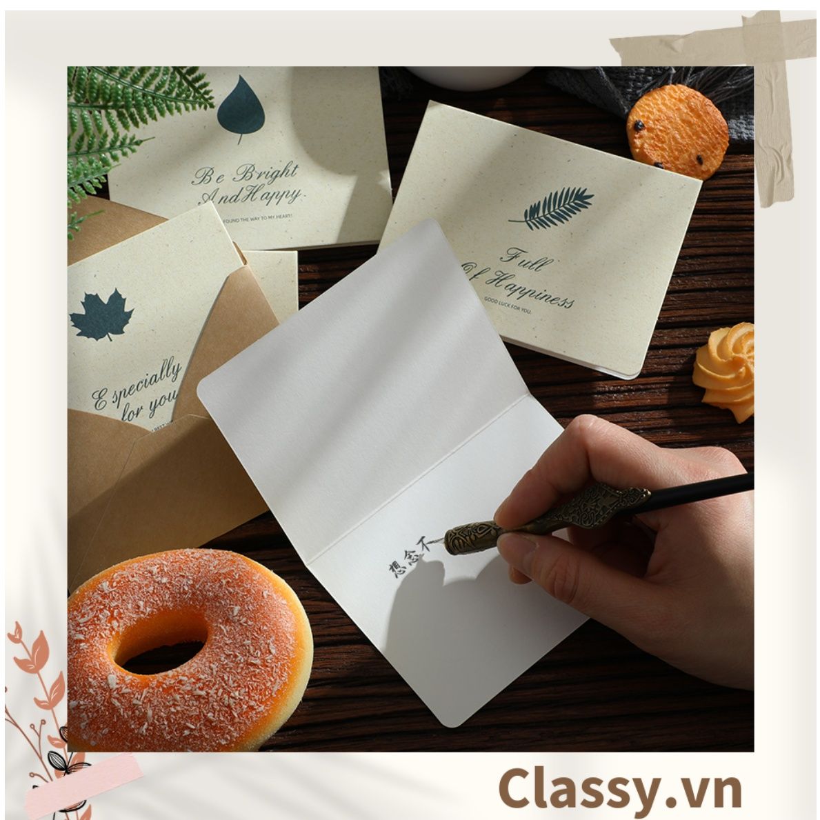 Thiệp Cổ điển Vintage in hình lá cây hoặc hoa vintage, giấy art sang trọng kèm phong bì giấy kraft và nhãn dán sticker Q625