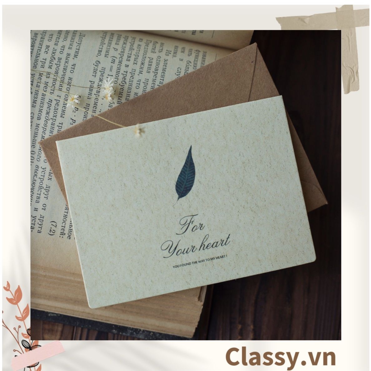 Thiệp Cổ điển Vintage in hình lá cây hoặc hoa vintage, giấy art sang trọng kèm phong bì giấy kraft và nhãn dán sticker Q625