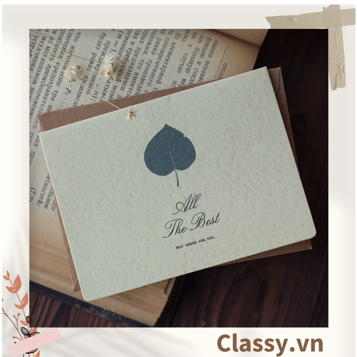 Thiệp Cổ điển Vintage in hình lá cây hoặc hoa vintage, giấy art sang trọng kèm phong bì giấy kraft và nhãn dán sticker Q625