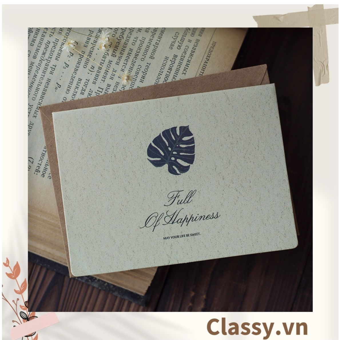Thiệp Cổ điển Vintage in hình lá cây hoặc hoa vintage, giấy art sang trọng kèm phong bì giấy kraft và nhãn dán sticker Q625