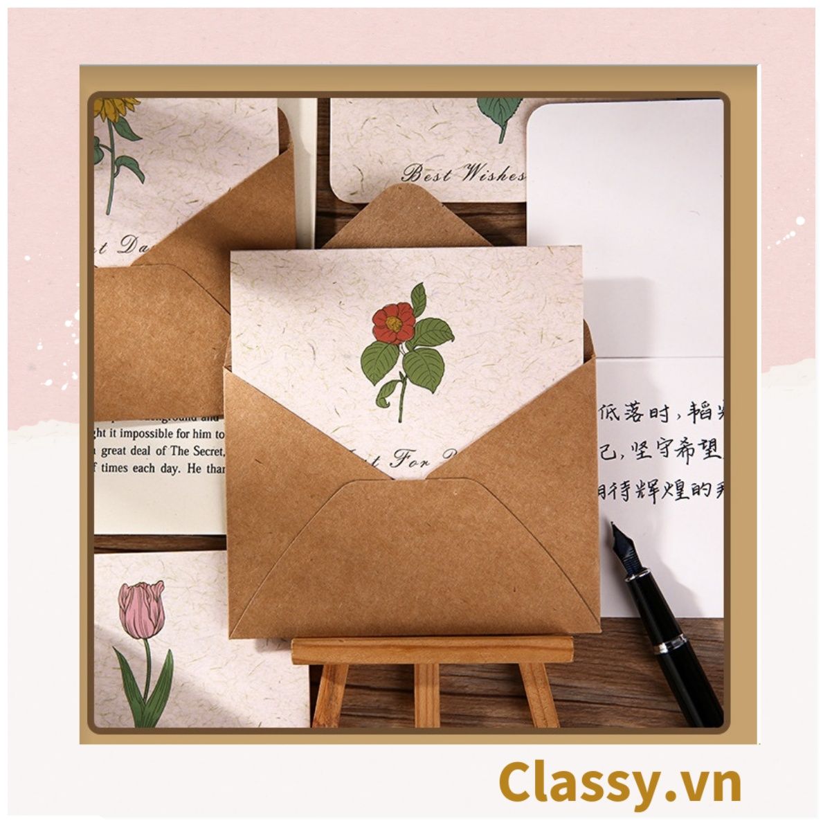 Thiệp Cổ điển Vintage in hình lá cây hoặc hoa vintage, giấy art sang trọng kèm phong bì giấy kraft và nhãn dán sticker Q625