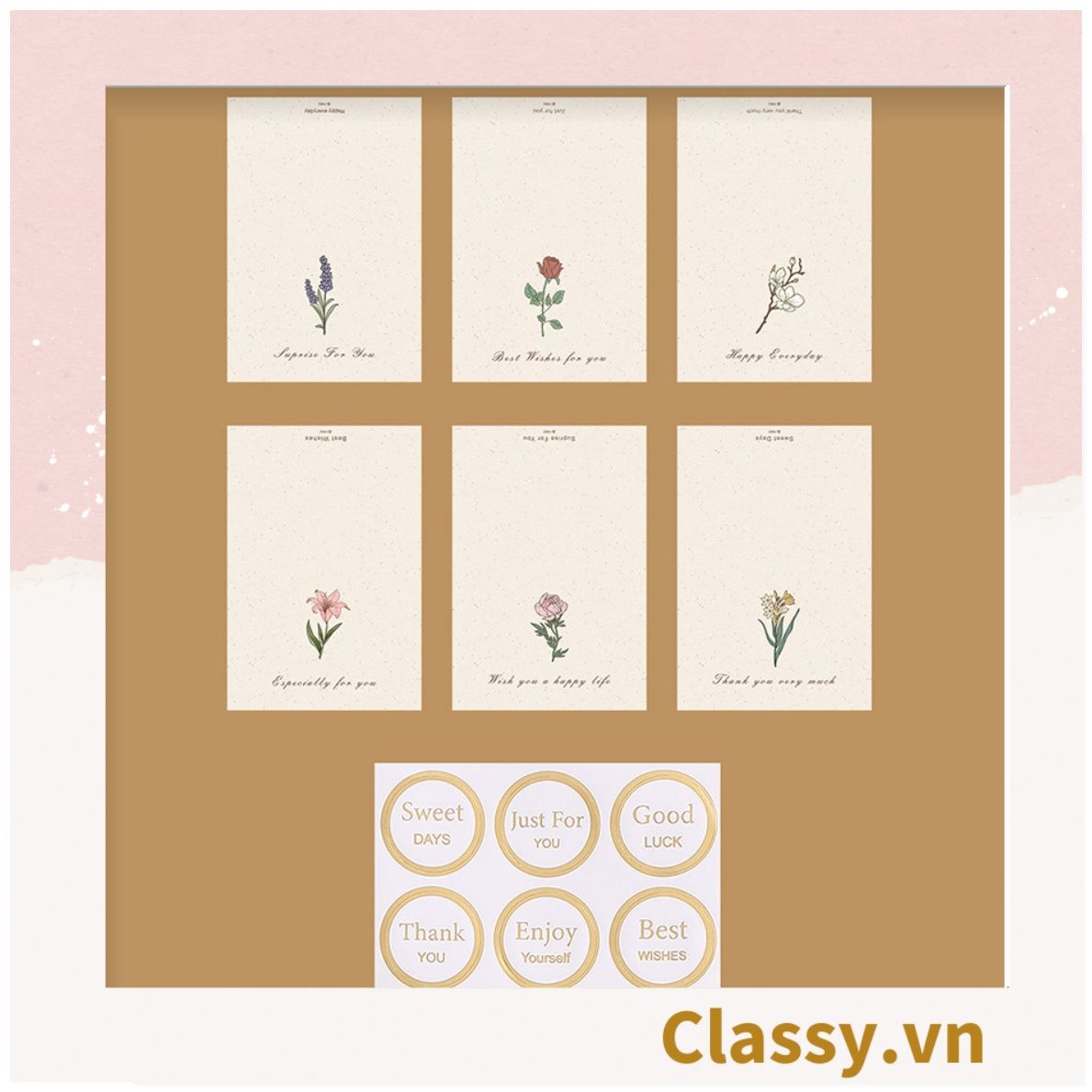 Thiệp Cổ điển Vintage in hình lá cây hoặc hoa vintage, giấy art sang trọng kèm phong bì giấy kraft và nhãn dán sticker Q625