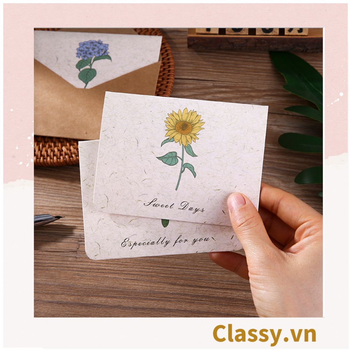 Thiệp Cổ điển Vintage in hình lá cây hoặc hoa vintage, giấy art sang trọng kèm phong bì giấy kraft và nhãn dán sticker Q625