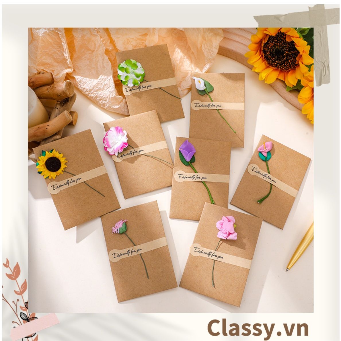 Thiệp Cổ điển Vintage gắn hoa khô kèm phong bì giấy kraft và nhãn dán sticker Q626