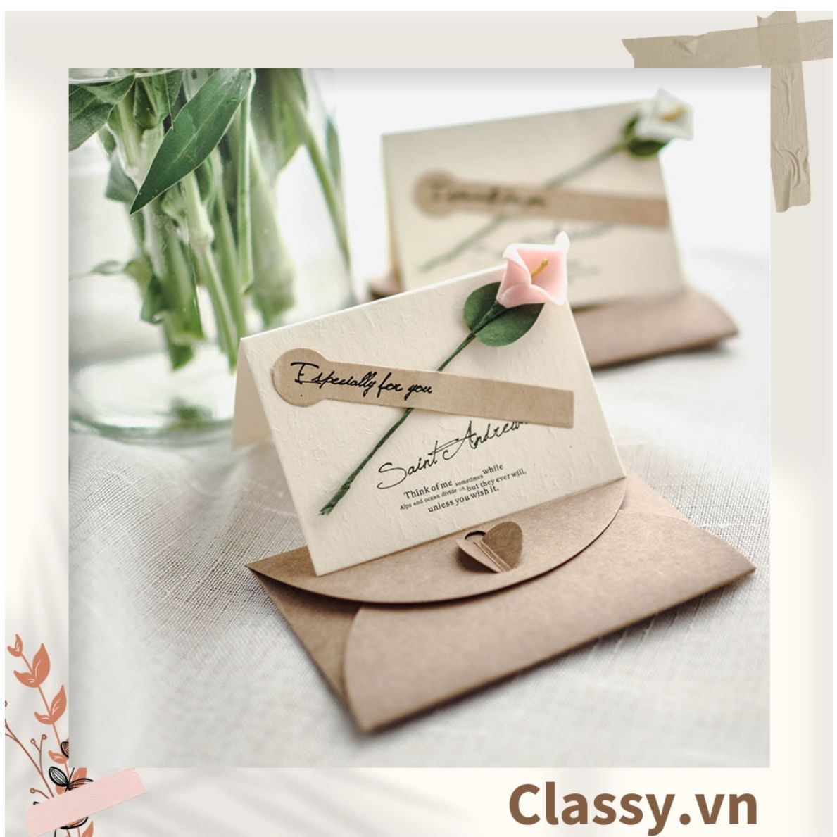 Thiệp Cổ điển Vintage gắn hoa khô kèm phong bì giấy kraft và nhãn dán sticker Q626