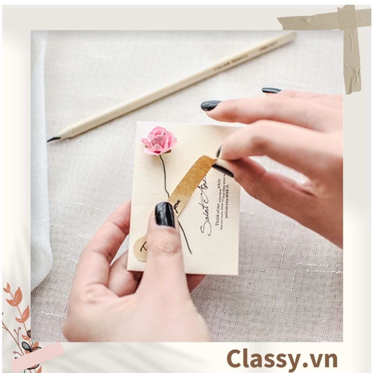 Thiệp Cổ điển Vintage gắn hoa khô kèm phong bì giấy kraft và nhãn dán sticker Q626