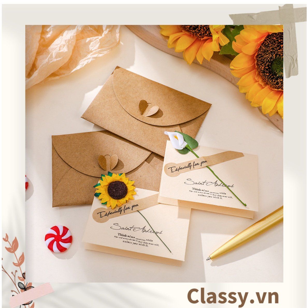 Thiệp Cổ điển Vintage gắn hoa khô kèm phong bì giấy kraft và nhãn dán sticker Q626