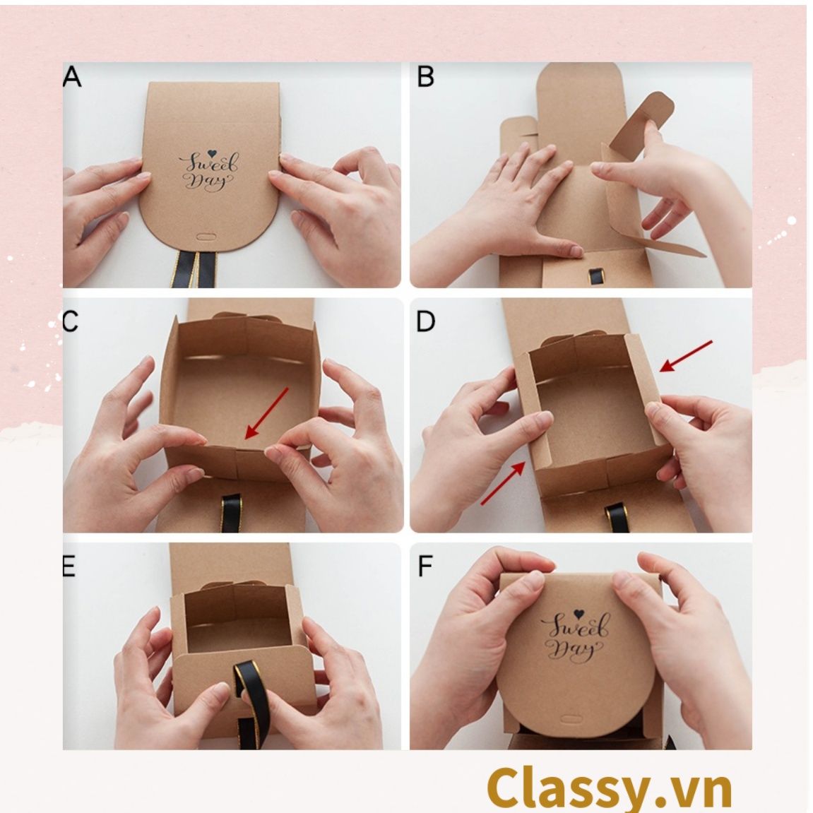 Hộp giấy đựng bánh tráng miệng, bánh kẹo, quà tặng thắt dây ruy băng tự gấp Q628