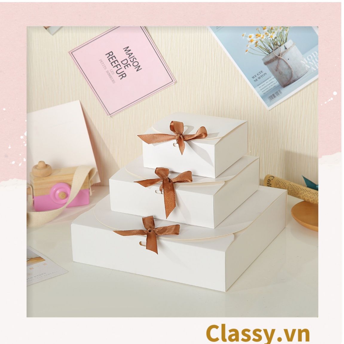 Hộp giấy đựng bánh tráng miệng, bánh kẹo, quà tặng thắt dây ruy băng tự gấp Q628