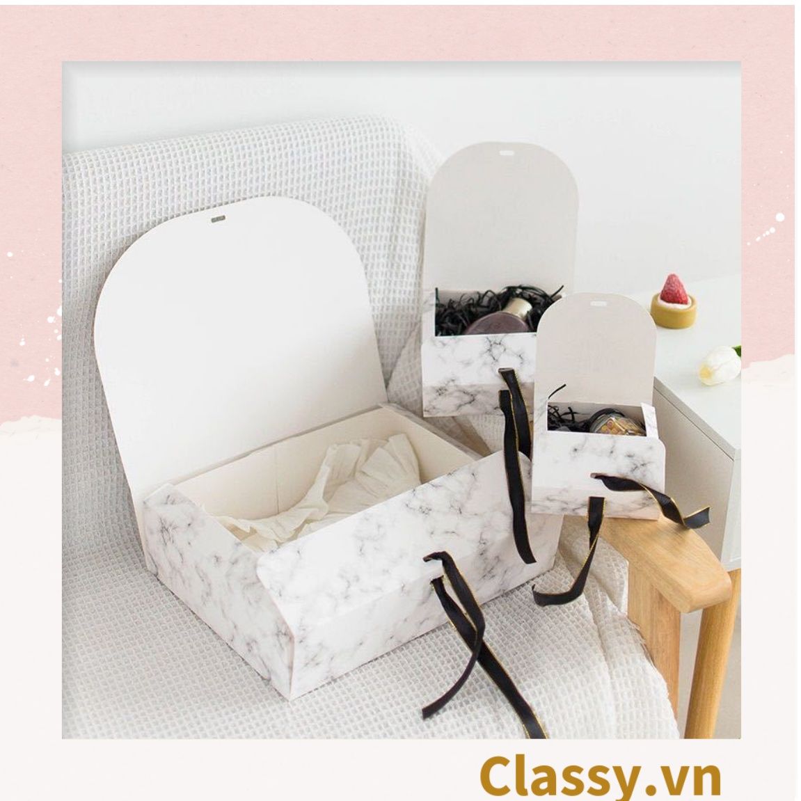 Hộp giấy đựng bánh tráng miệng, bánh kẹo, quà tặng thắt dây ruy băng tự gấp Q628