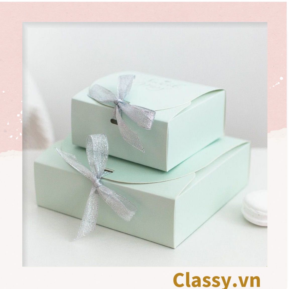 Hộp giấy đựng bánh tráng miệng, bánh kẹo, quà tặng thắt dây ruy băng tự gấp Q628