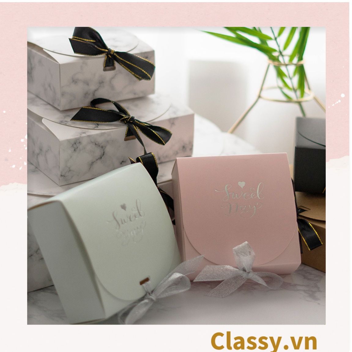 Hộp giấy đựng bánh tráng miệng, bánh kẹo, quà tặng thắt dây ruy băng tự gấp Q628