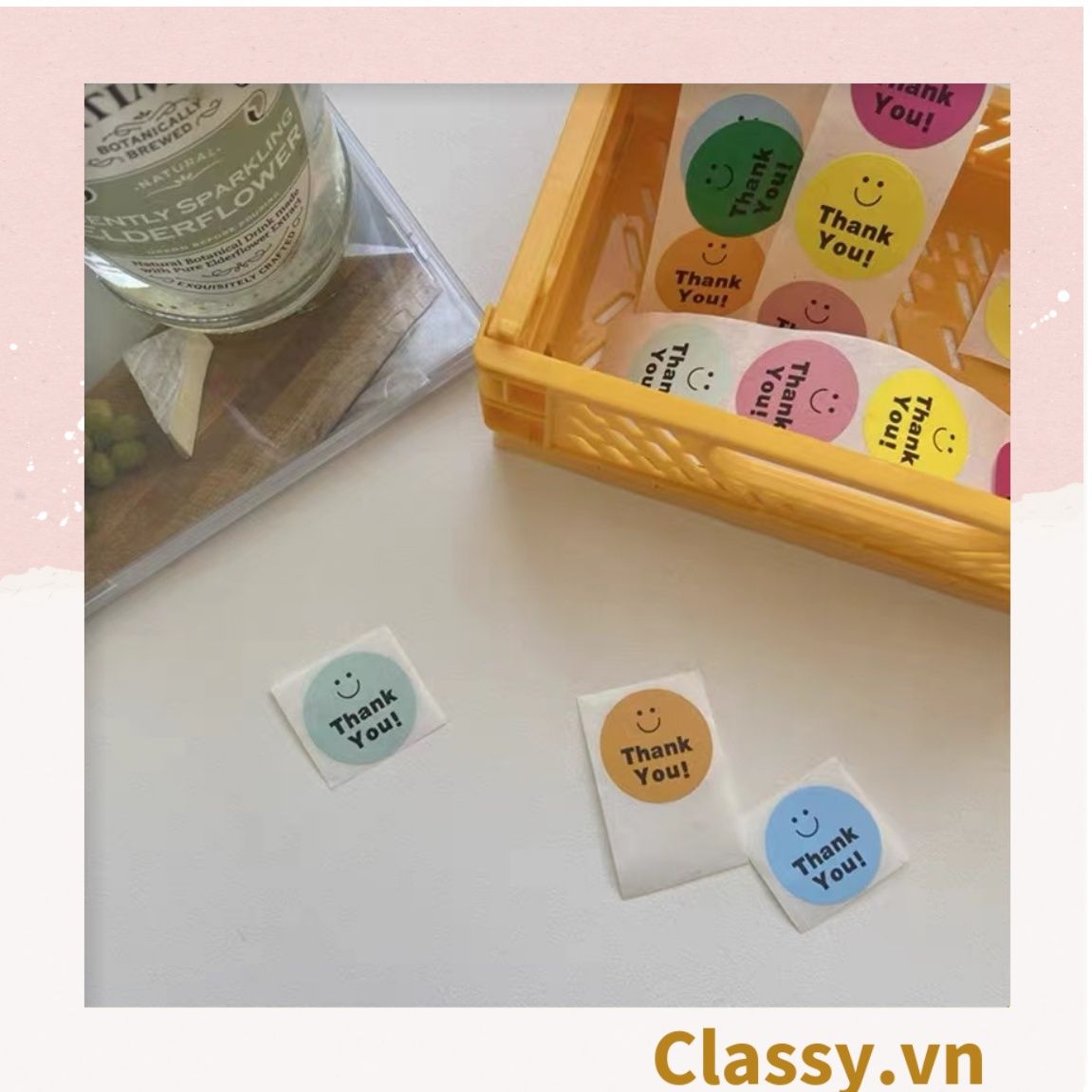 Cuộn 500 Sticker 2.5CM Thank you dán niêm phong túi giấy, hộp bánh handmade, tem dán thiệp, hộp quà tặng Q686