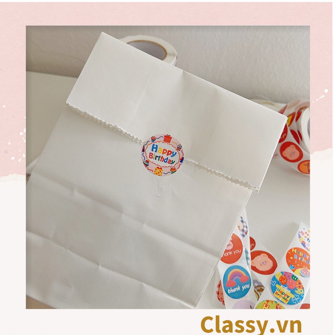 Cuộn 500 Sticker 2.5CM Thank you dán niêm phong túi giấy, hộp bánh handmade, tem dán thiệp, hộp quà tặng Q686