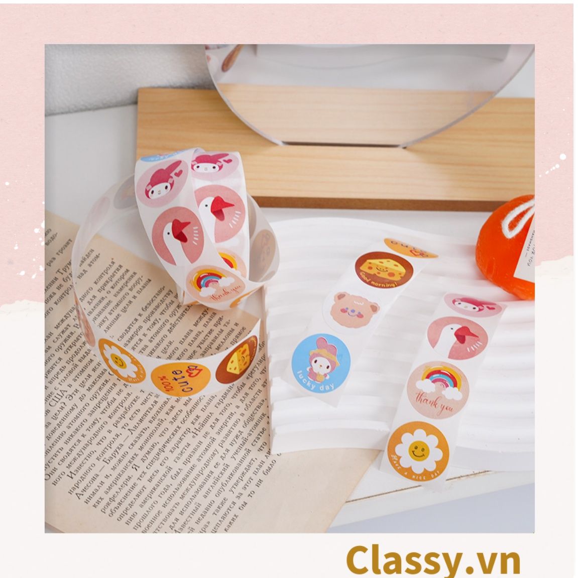 Cuộn 500 Sticker 2.5CM Thank you dán niêm phong túi giấy, hộp bánh handmade, tem dán thiệp, hộp quà tặng Q686