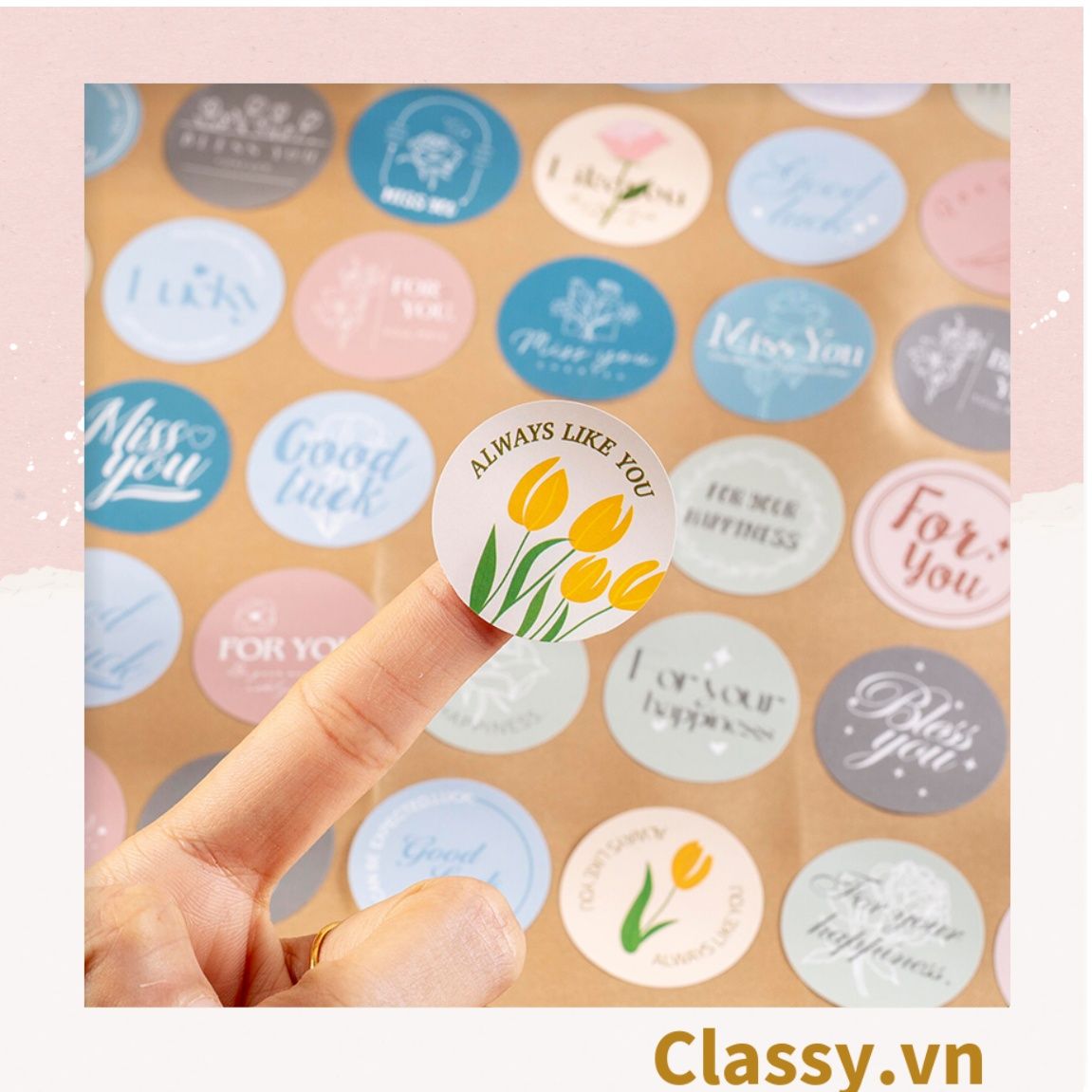 Cuộn 500 Sticker 2.5CM Thank you dán niêm phong túi giấy, hộp bánh handmade, tem dán thiệp, hộp quà tặng Q686