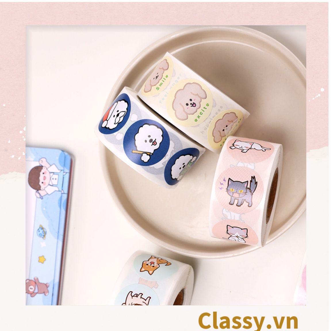 Cuộn 500 Sticker 2.5CM Thank you dán niêm phong túi giấy, hộp bánh handmade, tem dán thiệp, hộp quà tặng Q686