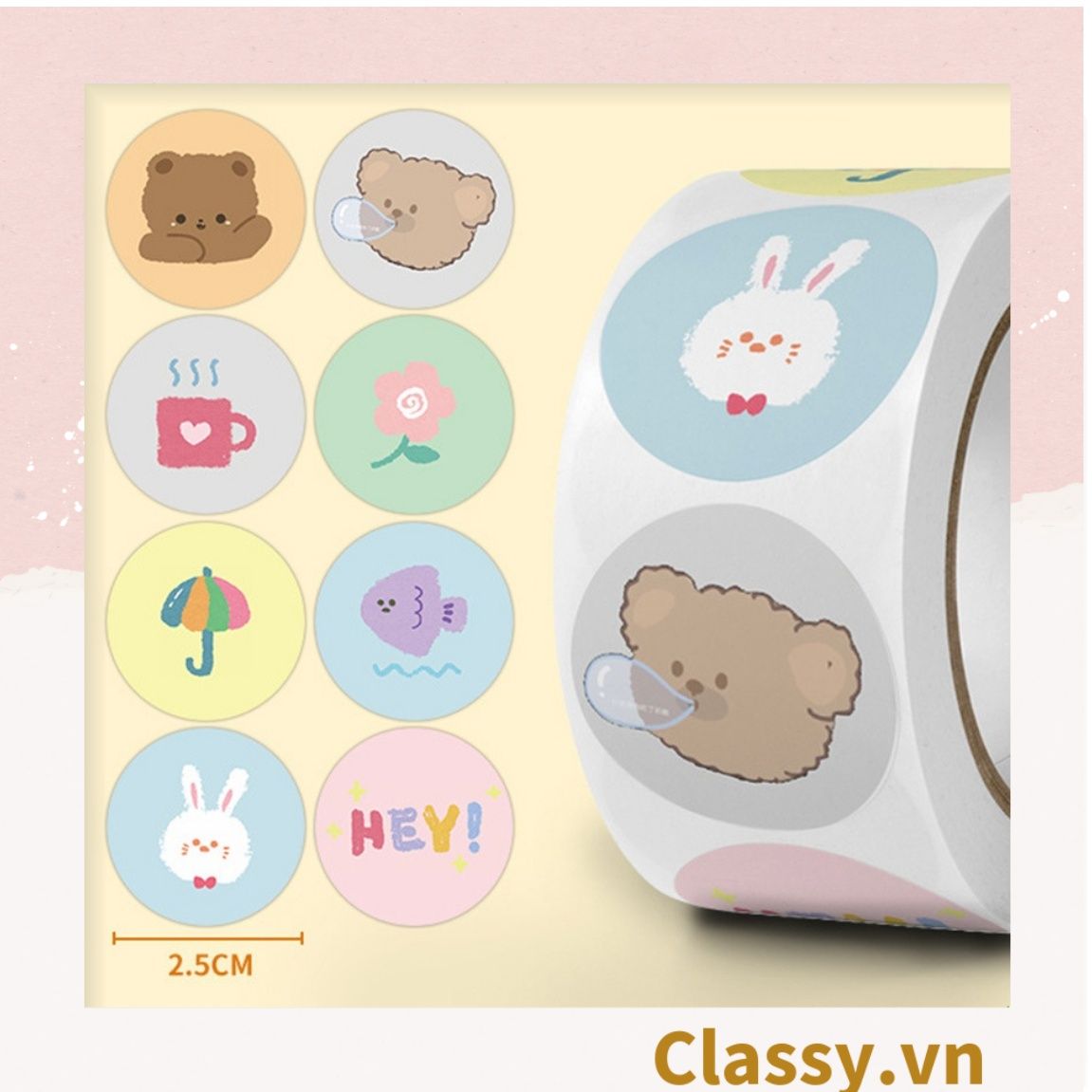 Cuộn 500 Sticker 2.5CM Thank you dán niêm phong túi giấy, hộp bánh handmade, tem dán thiệp, hộp quà tặng Q686