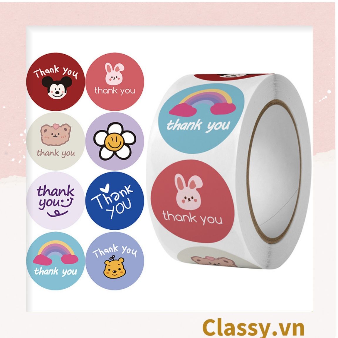 Cuộn 500 Sticker 2.5CM Thank you dán niêm phong túi giấy, hộp bánh handmade, tem dán thiệp, hộp quà tặng Q686