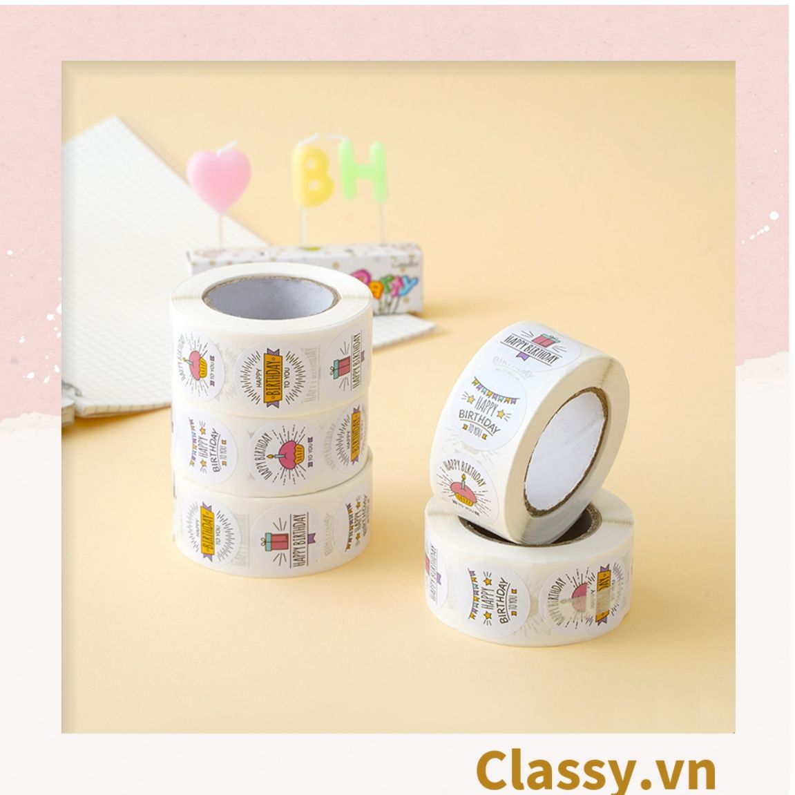 Cuộn 500 Sticker 2.5CM Thank you dán niêm phong túi giấy, hộp bánh handmade, tem dán thiệp, hộp quà tặng Q686