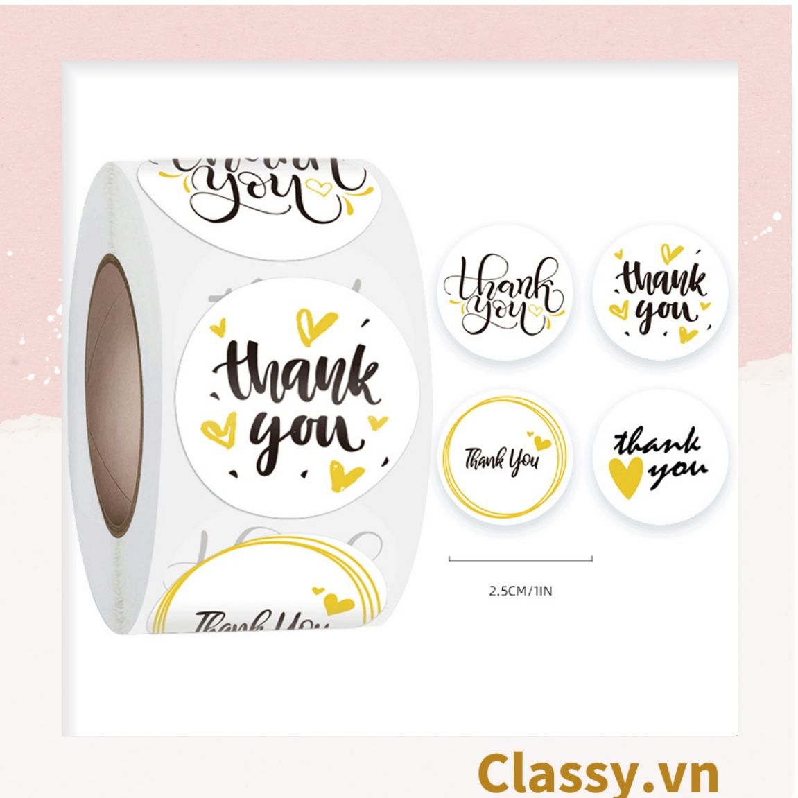 Cuộn 500 Sticker 2.5CM Thank you dán niêm phong túi giấy, hộp bánh handmade, tem dán thiệp, hộp quà tặng Q686
