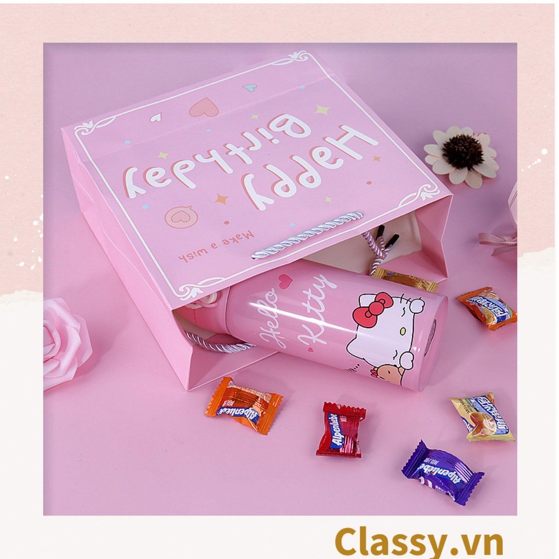 Túi giấy đựng quà in chữ Happy Birthday dây quai dù dễ thương, nhiều kích cỡ cực xinh Q720