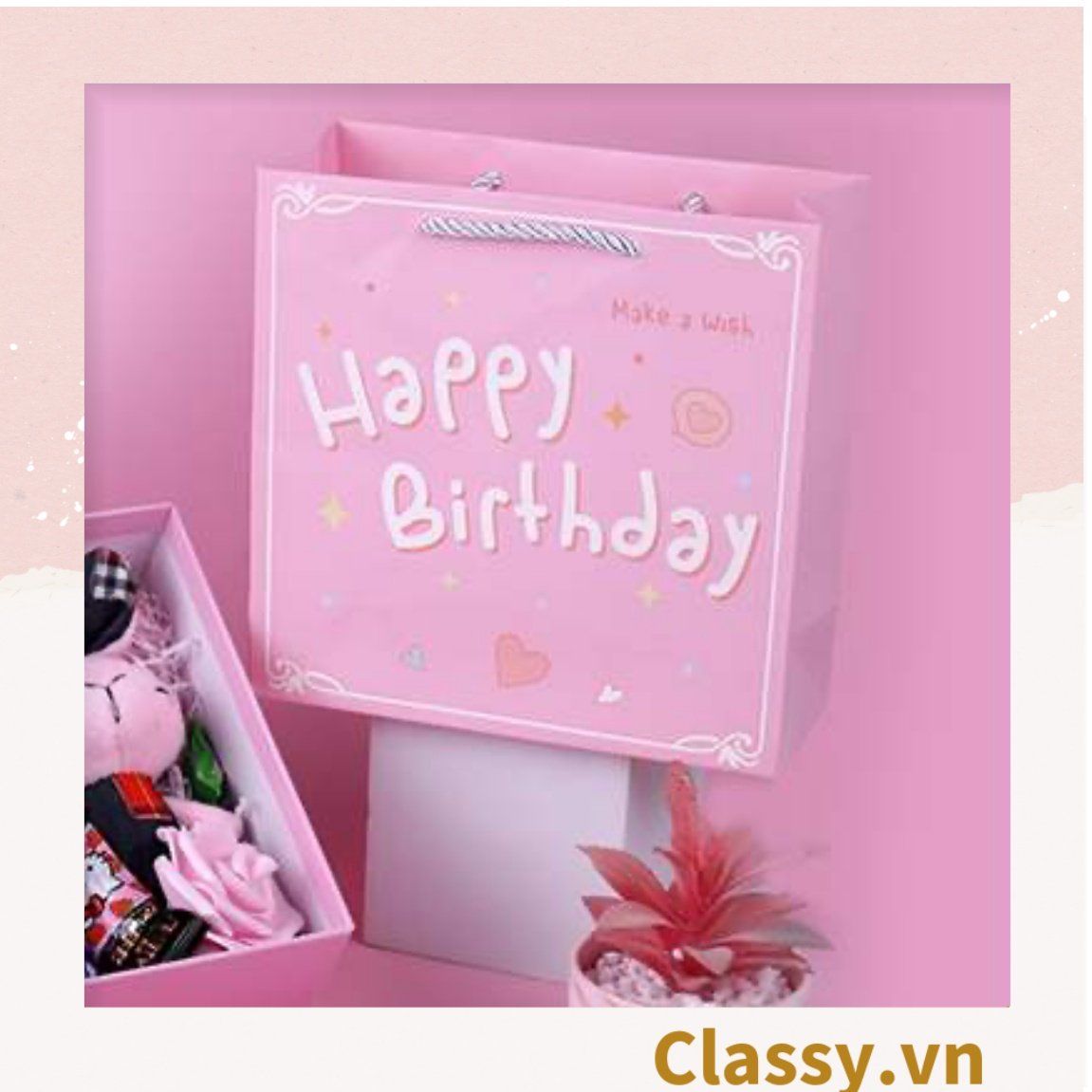 Túi giấy đựng quà in chữ Happy Birthday dây quai dù dễ thương, nhiều kích cỡ cực xinh Q720