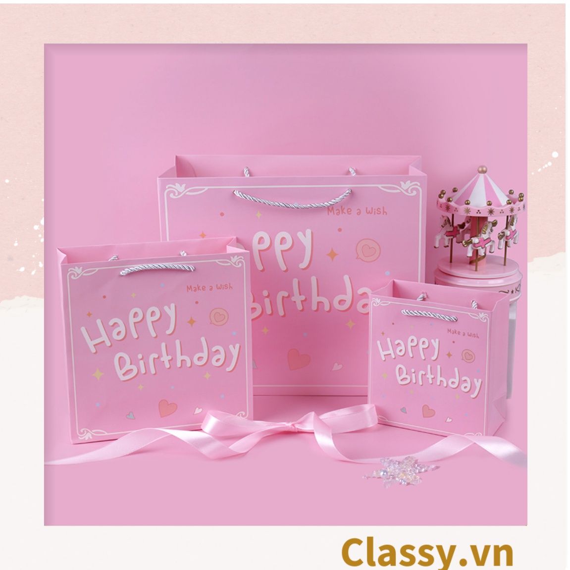 Túi giấy đựng quà in chữ Happy Birthday dây quai dù dễ thương, nhiều kích cỡ cực xinh Q720