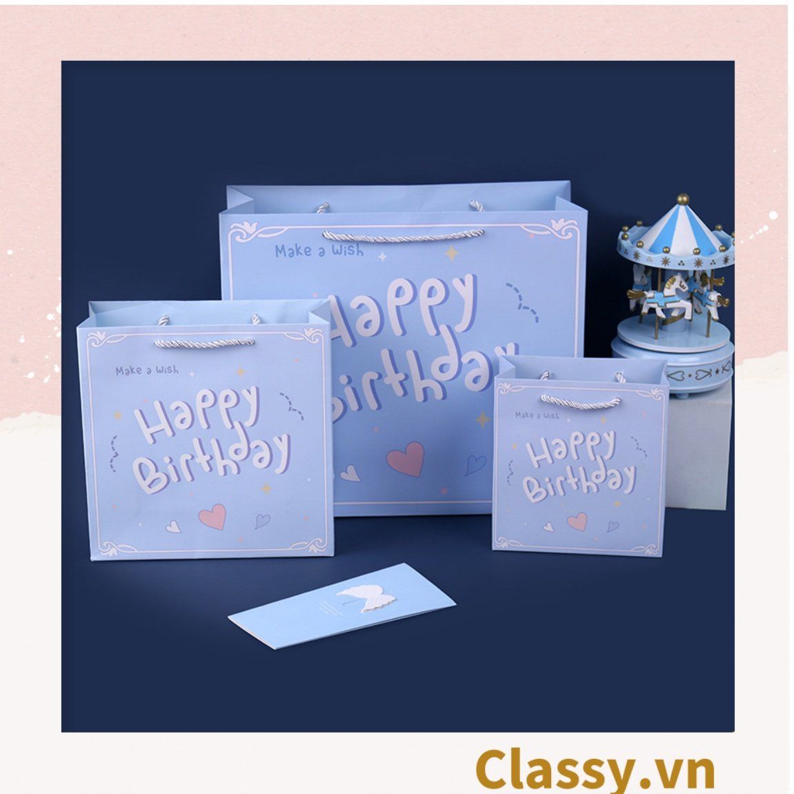 Túi giấy đựng quà in chữ Happy Birthday dây quai dù dễ thương, nhiều kích cỡ cực xinh Q720