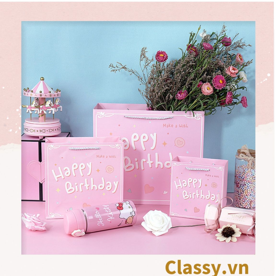 Túi giấy đựng quà in chữ Happy Birthday dây quai dù dễ thương, nhiều kích cỡ cực xinh Q720